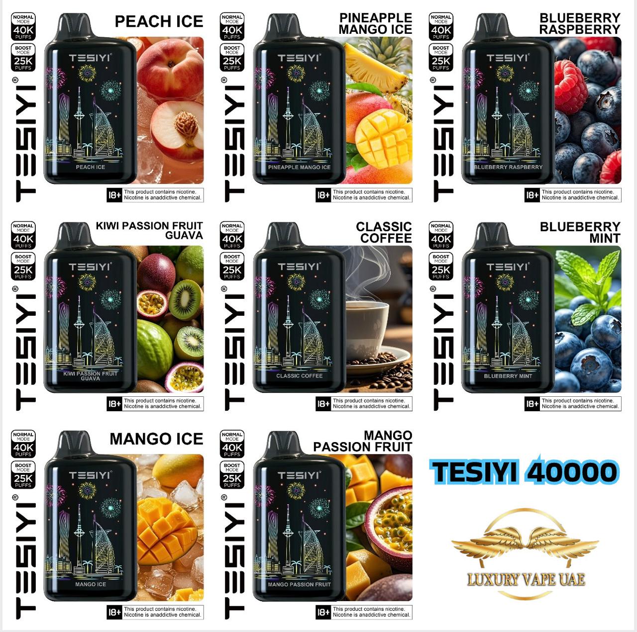 Collage of TESIYI vape devices with various flavors and branding elements.Tesiyi Ultra Max 40000 Puffs