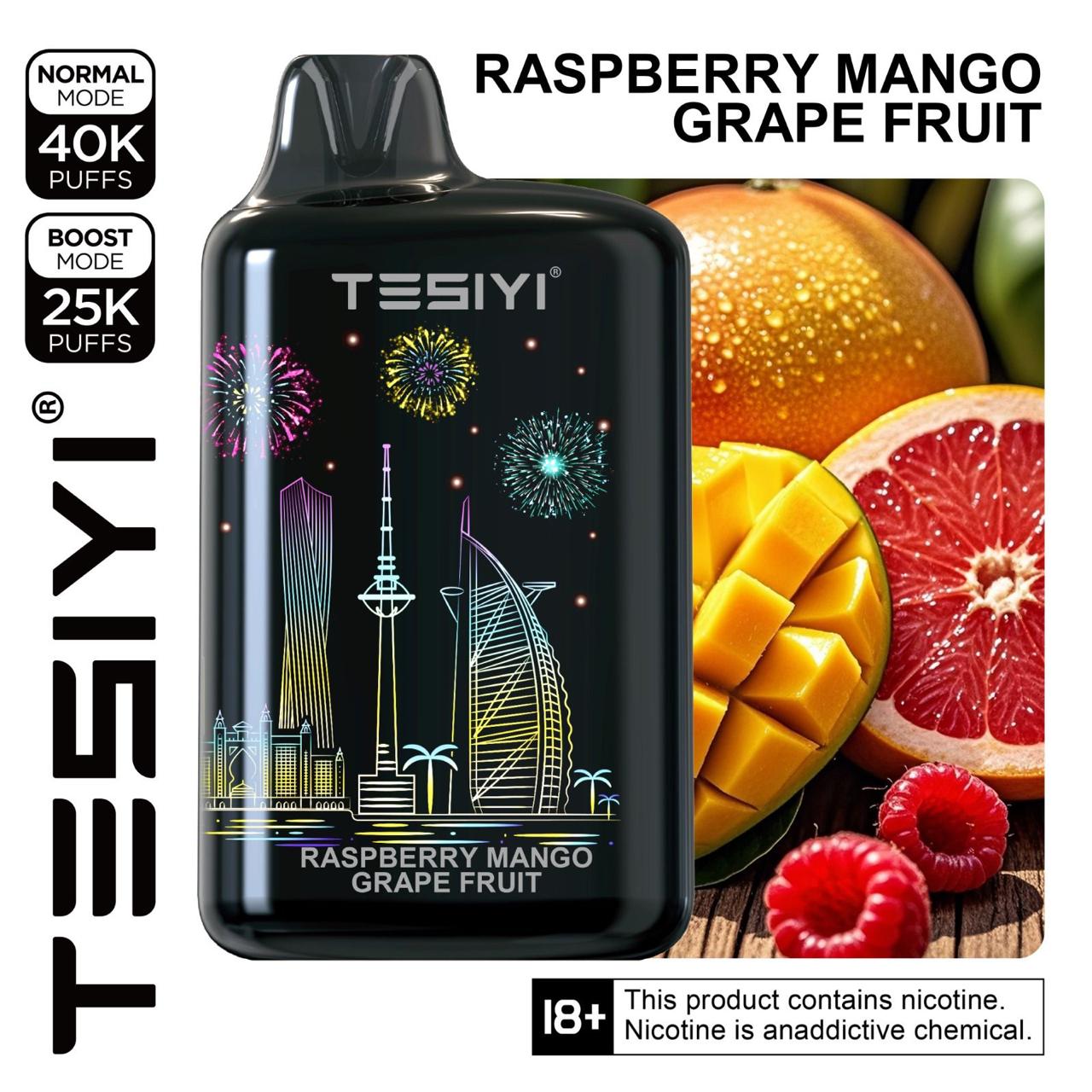 Tesiyi vape device with fruit illustration and text on a white background