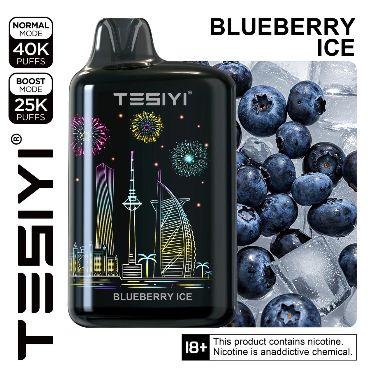 Tesiyi vape device with blueberry ice flavor packaging, featuring blueberries and ice cubes.