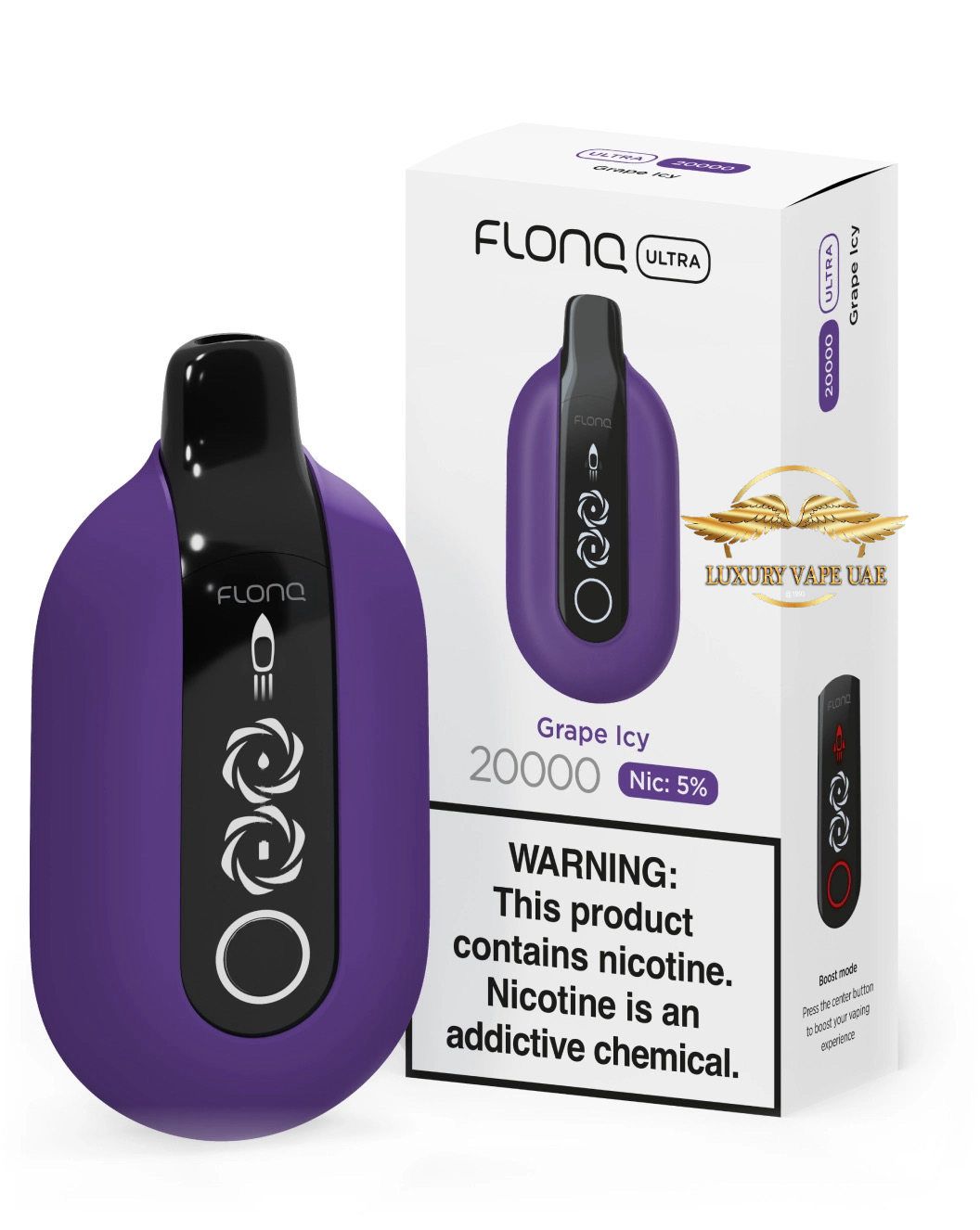 Purple vape device with black accents and its packaging on a white background