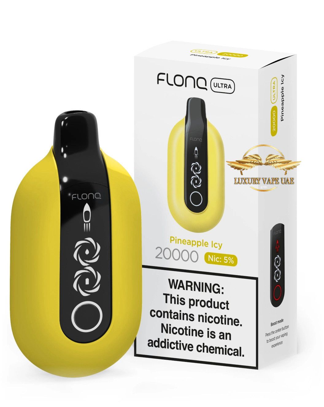 Yellow vape device with black accents and its packaging on a white background