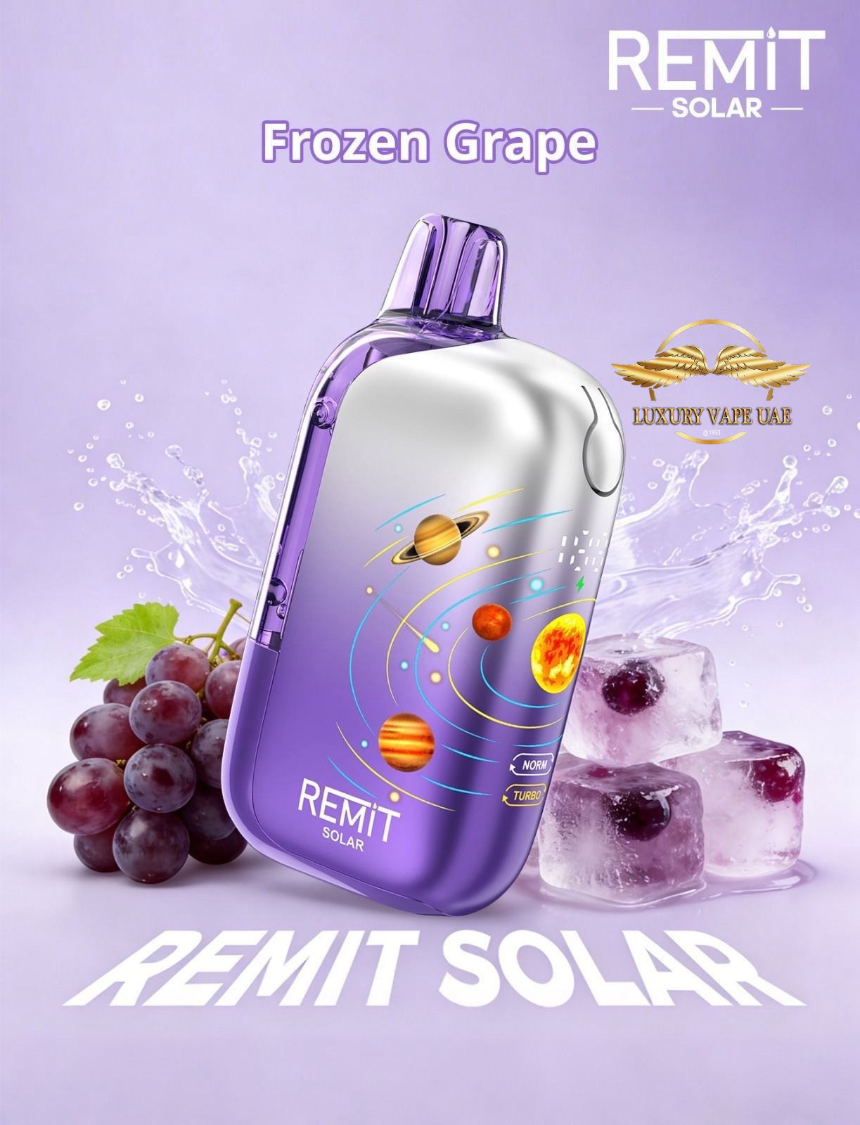 Purple vape device with space-themed design on a light purple background, featuring REMIT SOLAR branding.