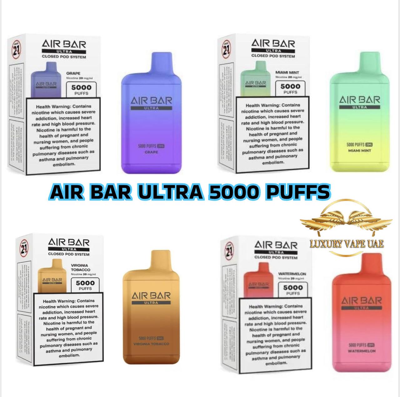 Air Bar Ultra vape devices and packaging in various colors on a white background, AIR BAR ULTRA 5000 PUFFS/ AIR BAR ULTRA 5000 PUFFS Dubai/ AIR BAR ULTRA 5000 PUFFS Near me/ Vapes Shop Near me/ AIR BAR ULTRA 5000 PUFFS Abu Dhbai