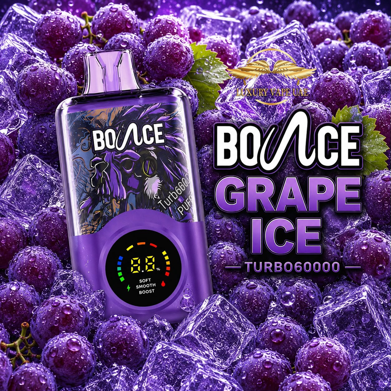 A purple Bounce Grape Ice disposable vape device surrounded by water-droplet-covered purple grapes and ice cubes, with large 'BOUNCE GRAPE ICE' text and a gold winged logo on the right.