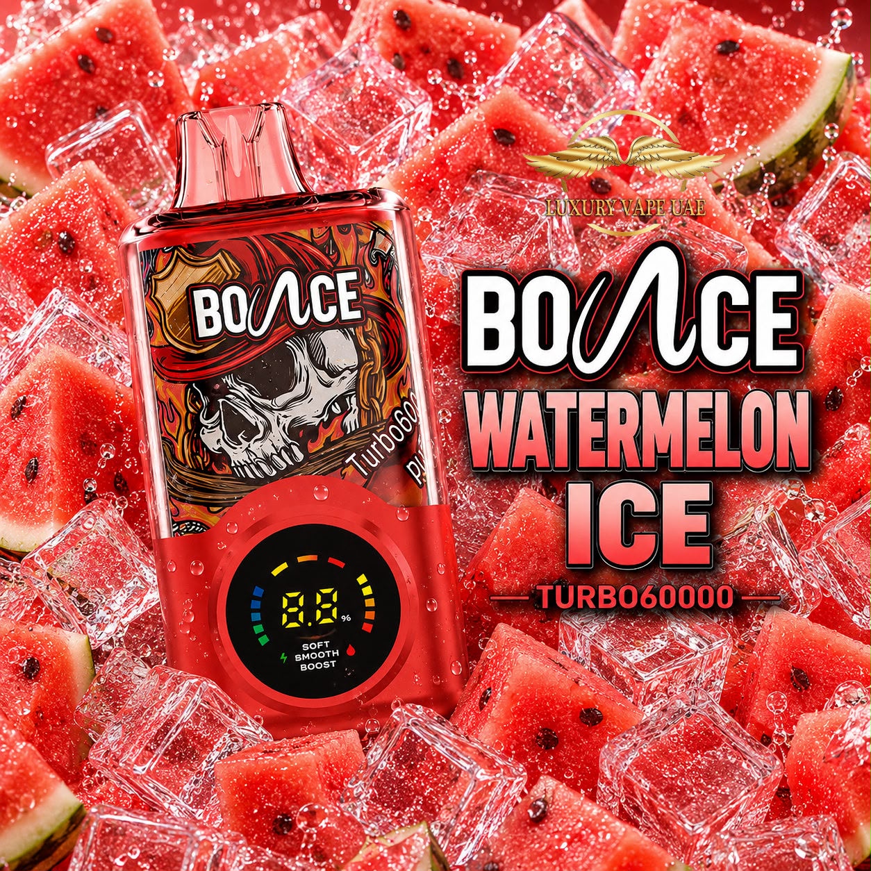 A red Bounce Turbo6000 disposable vape device with a watermelon-themed graphic, surrounded by ice cubes and sliced watermelons. The text 'BOUNCE WATERMELON ICE TURBO6000' is prominently displayed on the right.