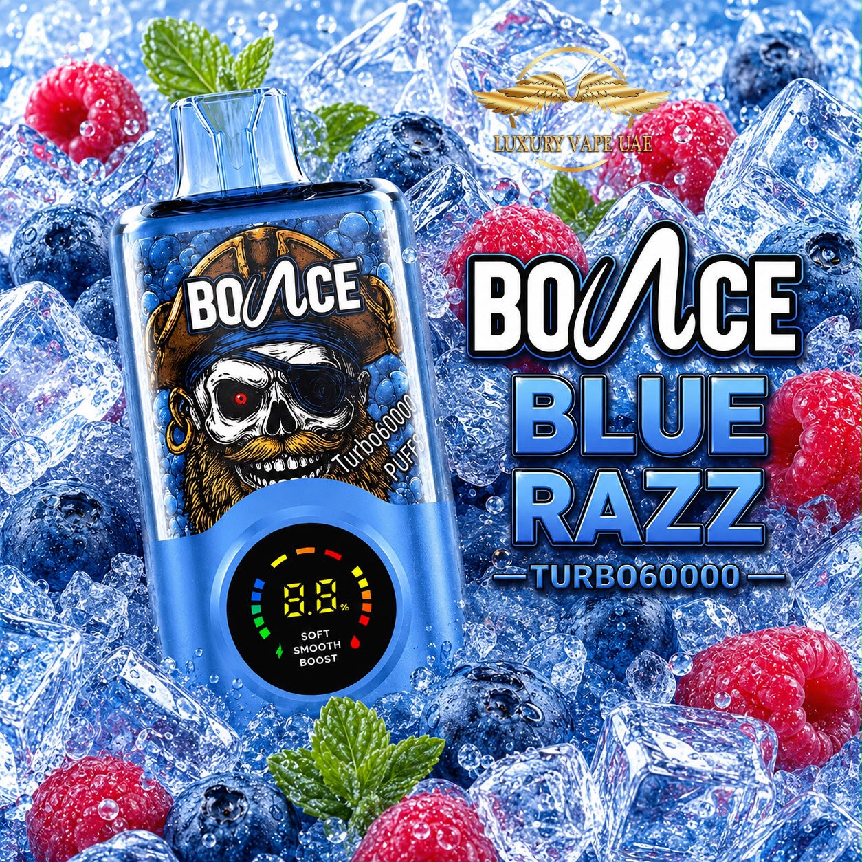 A blue vape device labeled 'BOuNCE Blue Razz' with a skull graphic and digital display, surrounded by ice cubes, raspberries, and blueberries. Large text reads 'BOuNCE BLUE RAZZ' and 'TURBO6000', with a 'Luxury Vapenature' logo at the top.