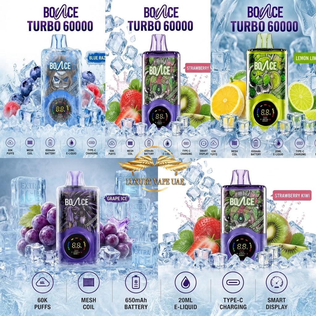 A promotional collage showing four BO/ICE Turbo 60000 disposable vape devices in different flavor colors: blueberry, strawberry, lemon, and grape ice. Each vape is displayed with its corresponding flavor graphics (blueberries, strawberries, lemons, grapes) and ice cubes.