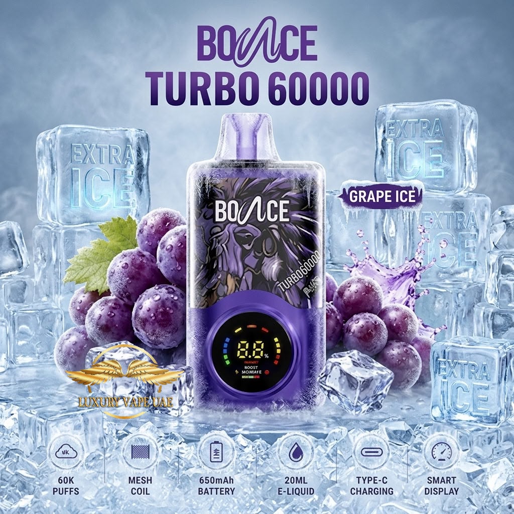 Bounce Grape Ice Turbo 60000 disposable vape device in purple, displayed in a stylized ice and grape setting with text overlays and feature icons at the bottom.
