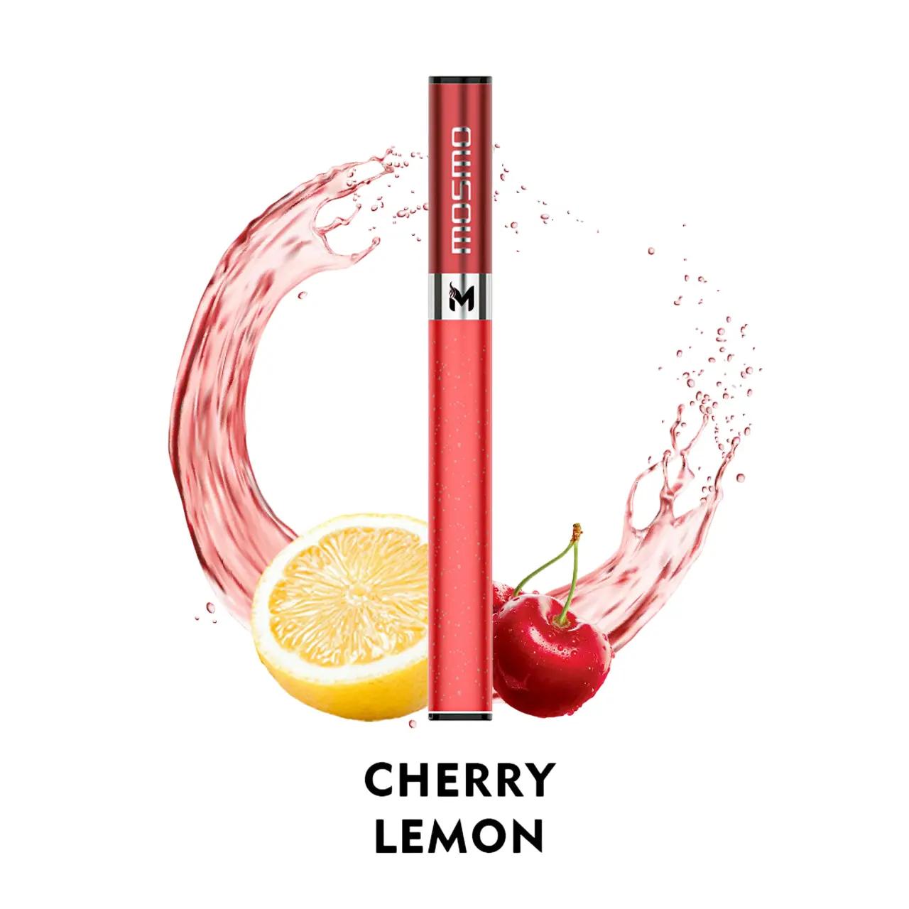 Red vape pen with cherry and lemon graphics on a white background, MOSMO STICK 300 PUFFS VAPE PEN Cherry Lemon