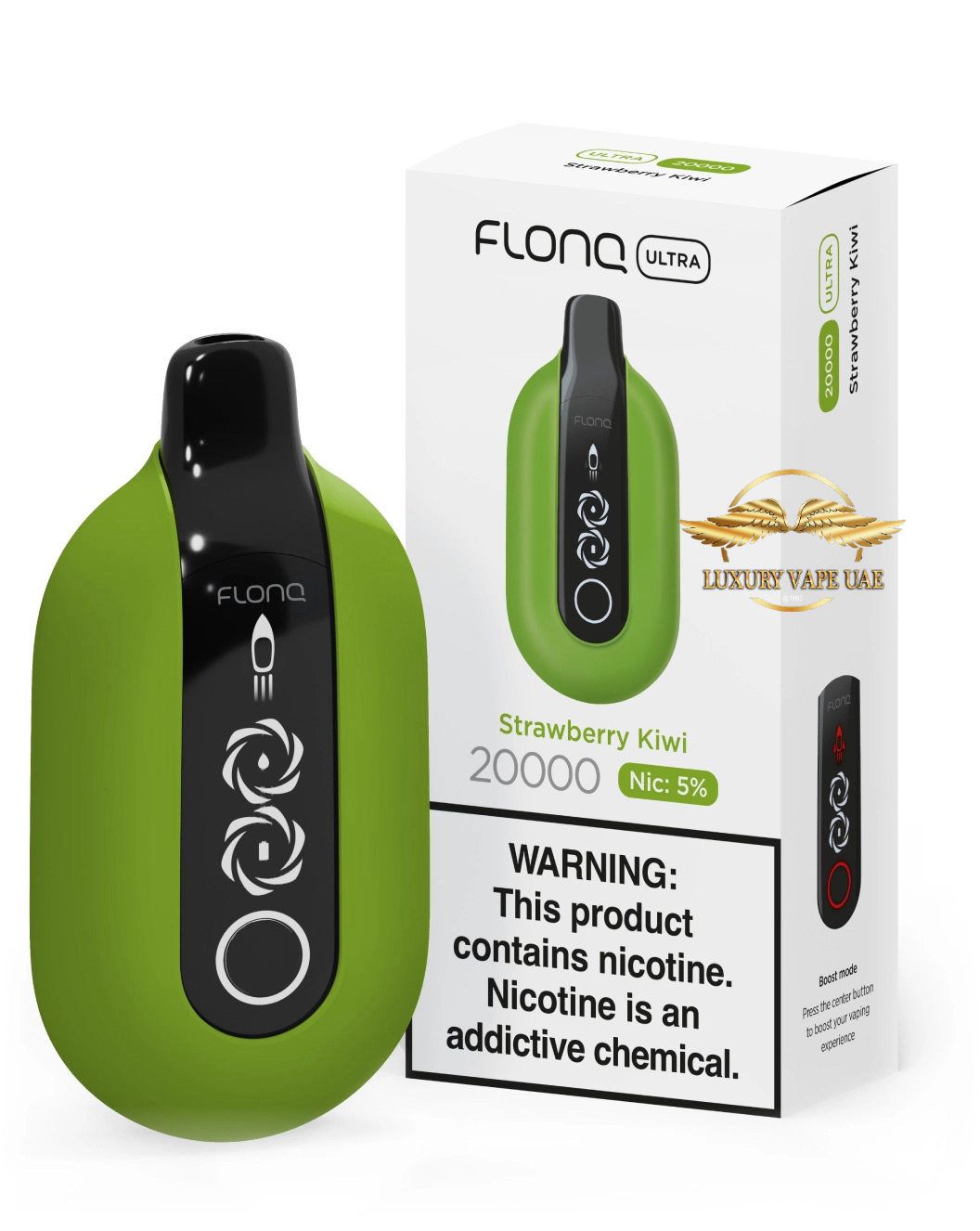 Green vape device with black accents and its packaging on a white background