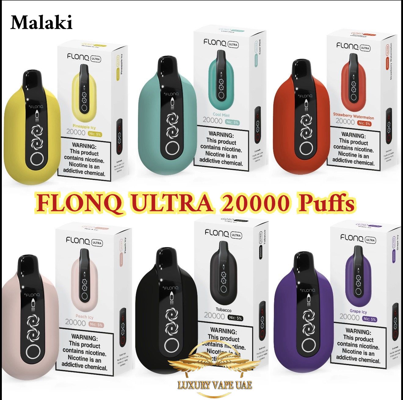Malaki FLONQ Ultra vape devices and packaging in various colors with 'Luxury Vape UAE' branding.