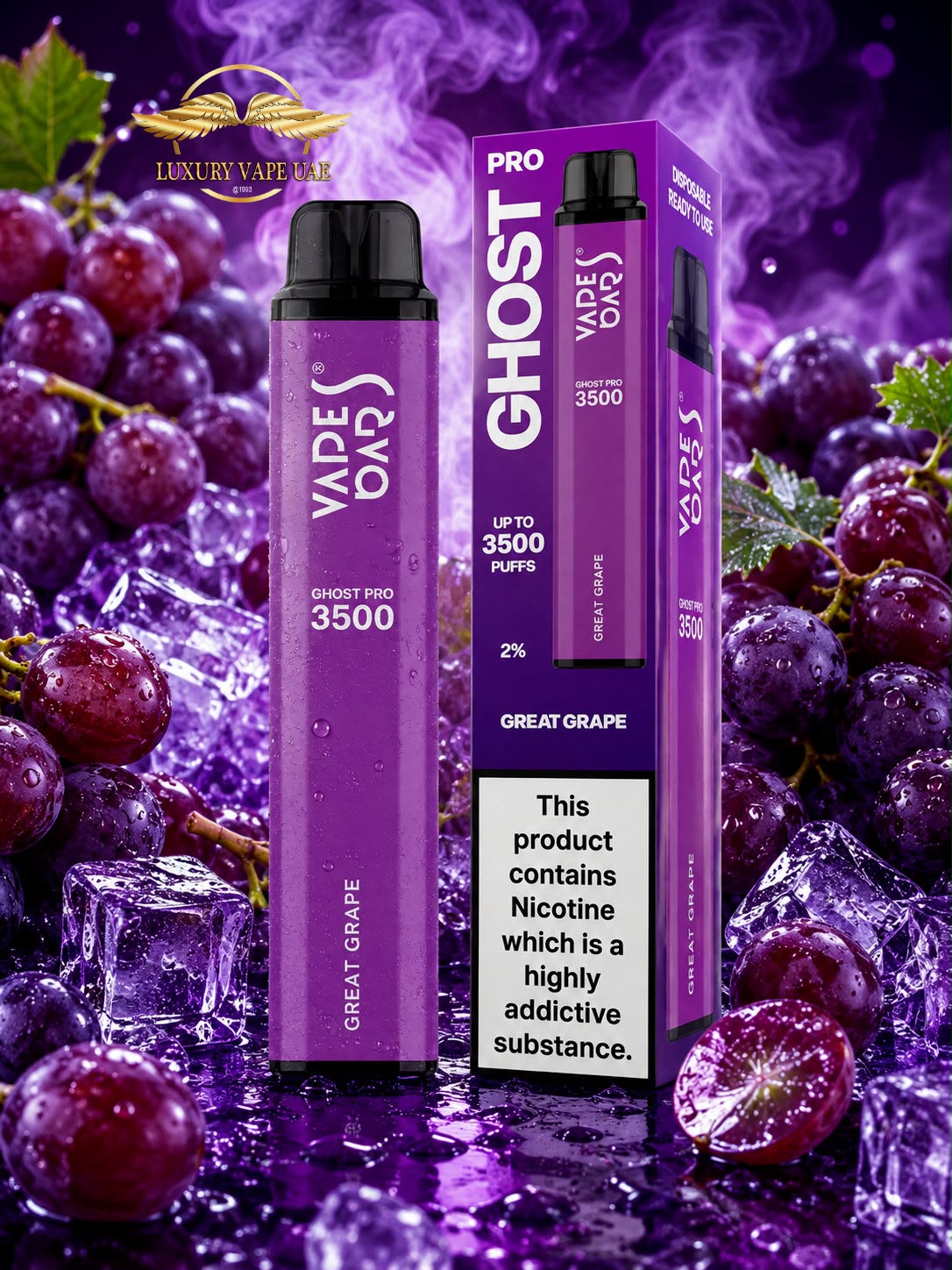 Purple vape device and matching retail box labeled Vape Day Ghost Pro 3500, Great Grape flavor, shown with grapes, ice cubes, and purple smoke effects on a dark purple background. A nicotine warning label is visible on the box.