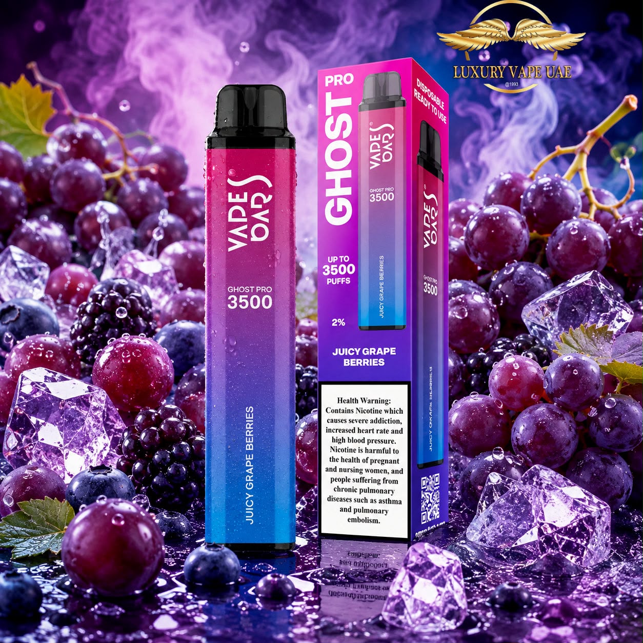 A Vapea Day Ghost Pro 3500 disposable vape device and its retail packaging, set against a dramatic background of purple grapes, ice cubes, and purple smoke. The flavor is labeled as 'Juicy Grape Series'.