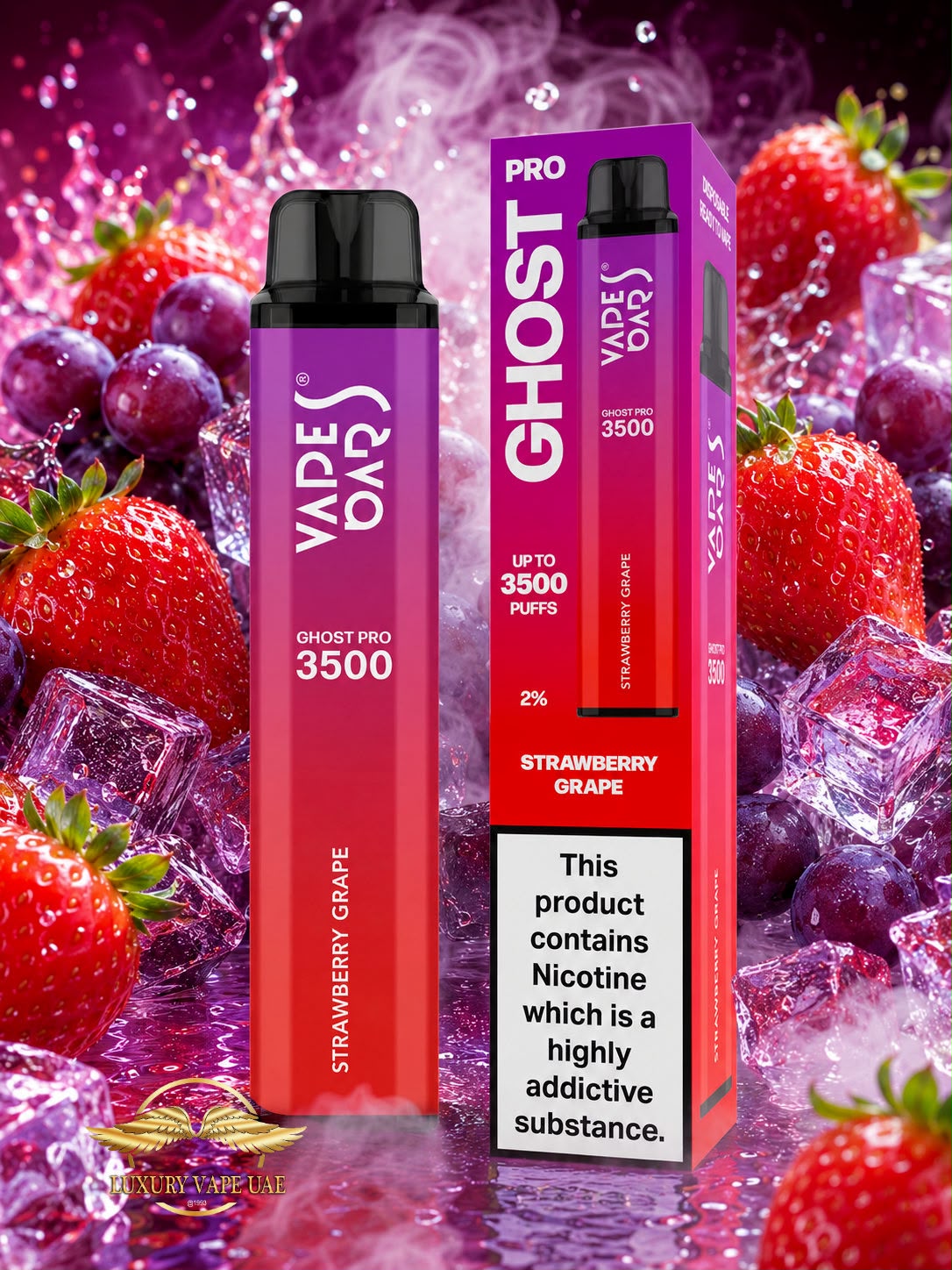A Vape Bar Ghost Pro 3500 disposable vape device in Strawberry Grape flavor stands next to its retail packaging box. The background is a highly stylized, glossy purple scene filled with fresh strawberries, blueberries, ice cubes, and liquid splashes, creating a vibrant, high-contrast presentation.