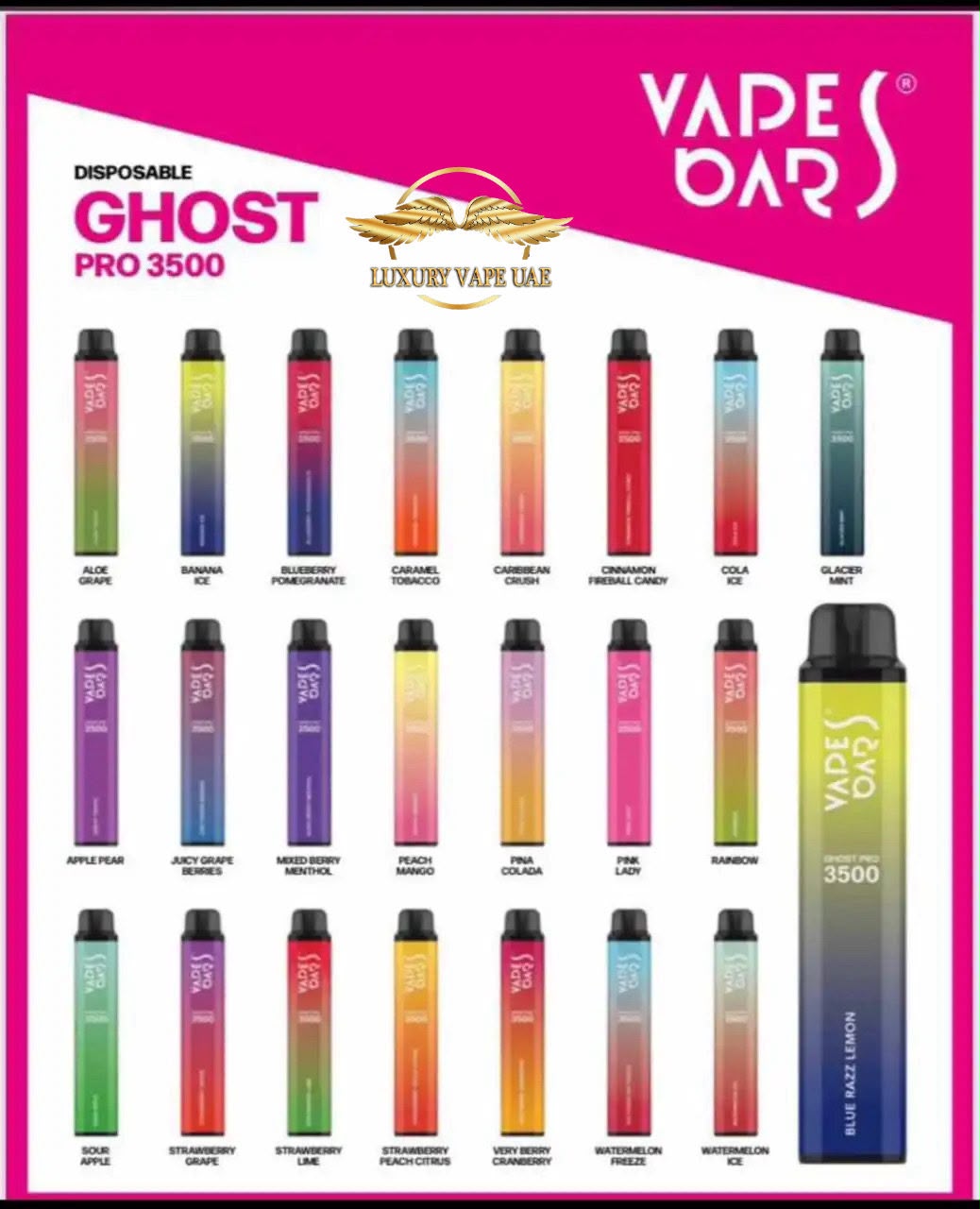 A promotional product graphic for Vapes Bars Ghost Pro 3500 disposable vape devices, showing multiple flavor options in a grid with a larger close-up of one device on the right. The background is bright pink with the Vapes Bars logo at the top right and 'GHOST PRO 3500' text at top left.