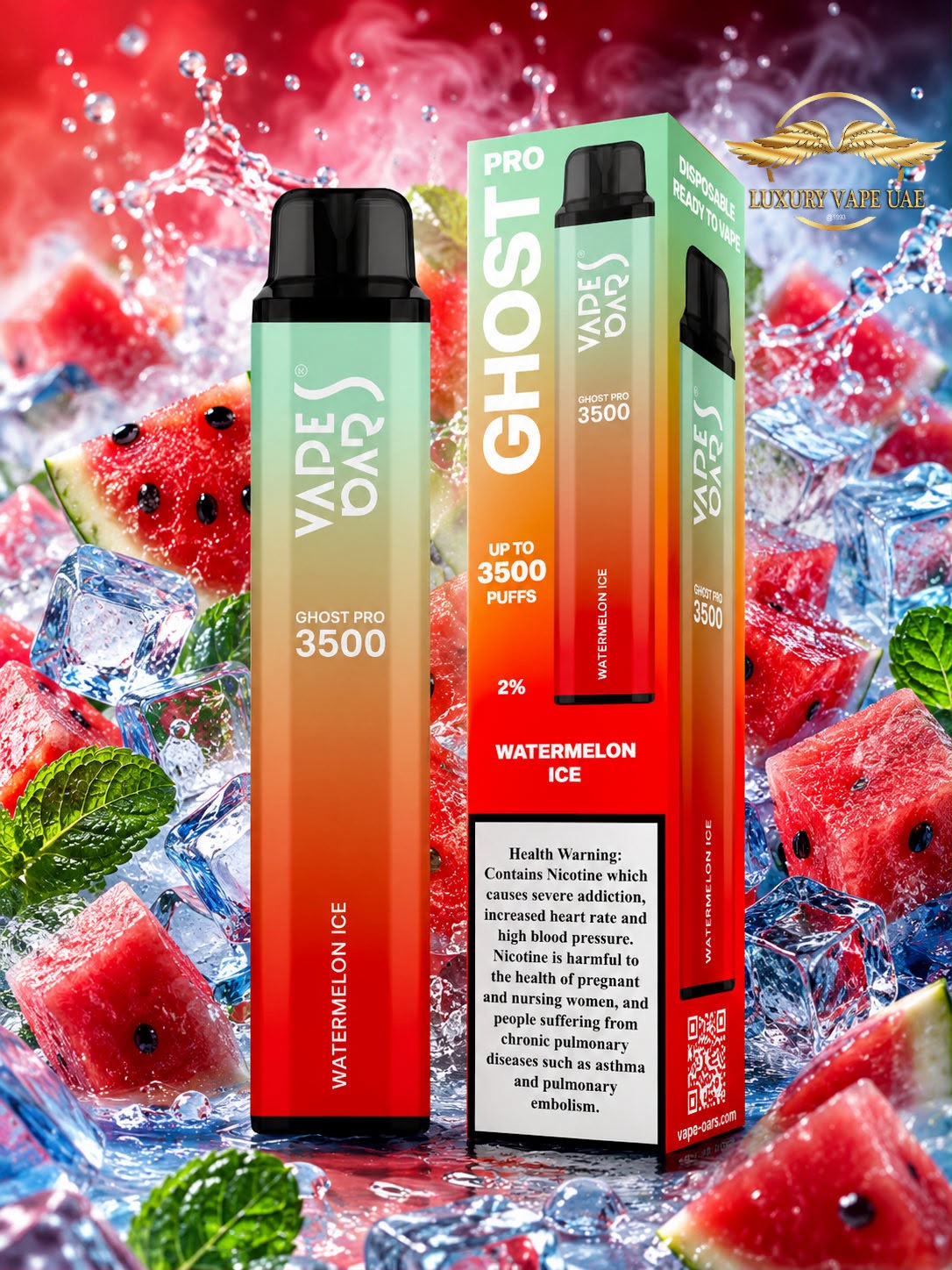 A disposable vape device and its retail box for Vape Ons Ghost Pro 3500 in Watermelon Ice flavor, set against a dynamic background of ice cubes, watermelon slices, and mint leaves.