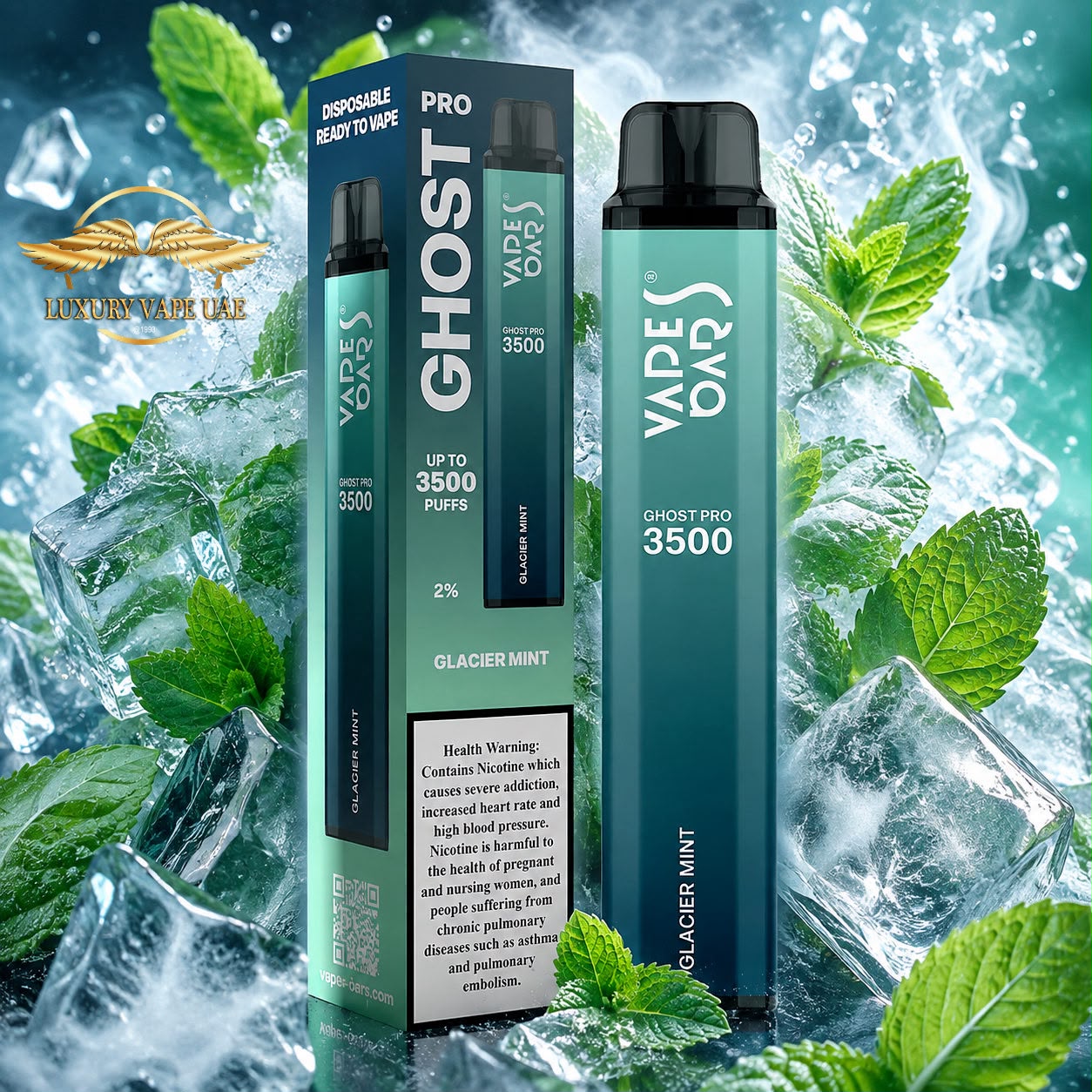 A boxed and bottled disposable vape product labeled VADE OAR Ghost Pro 3500 in Glacier Mint, shown standing upright beside its retail box. The product is photographed in a styled scene with ice cubes, mint leaves, and a teal-blue background.