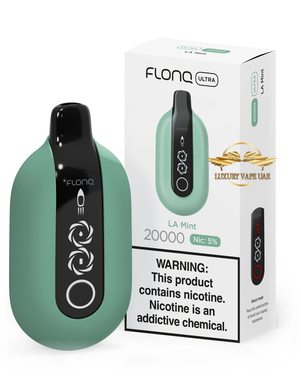 Green vape device with black accents and its packaging on a white background