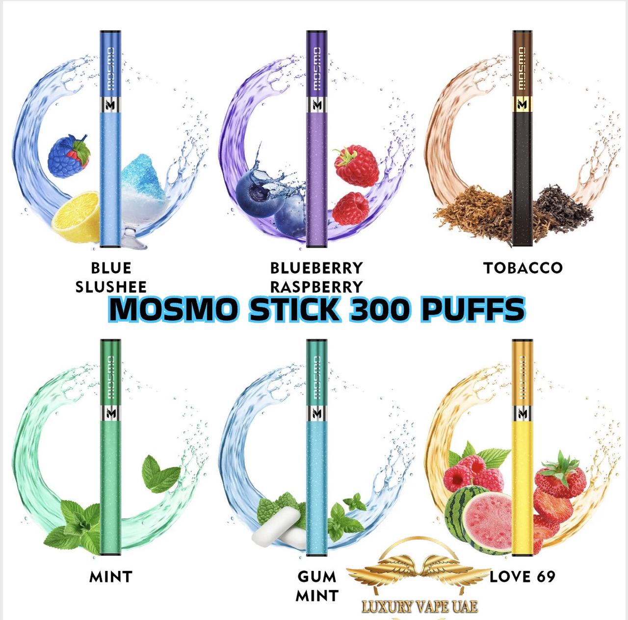 Mosmo Stick vape devices with flavor names and images on a white background, MOSMO STICK 300 PUFFS VAPE PEN, MOSMO STICK 300 PUFFS VAPE PEN Near me/ MOSMO STICK 300 PUFFS VAPE PEN DUBAI/ MOSMO STICK 300 PUFFS VAPE PEN Online/ MOSMO STICK 300 PUFFS VAPE PEN flavors