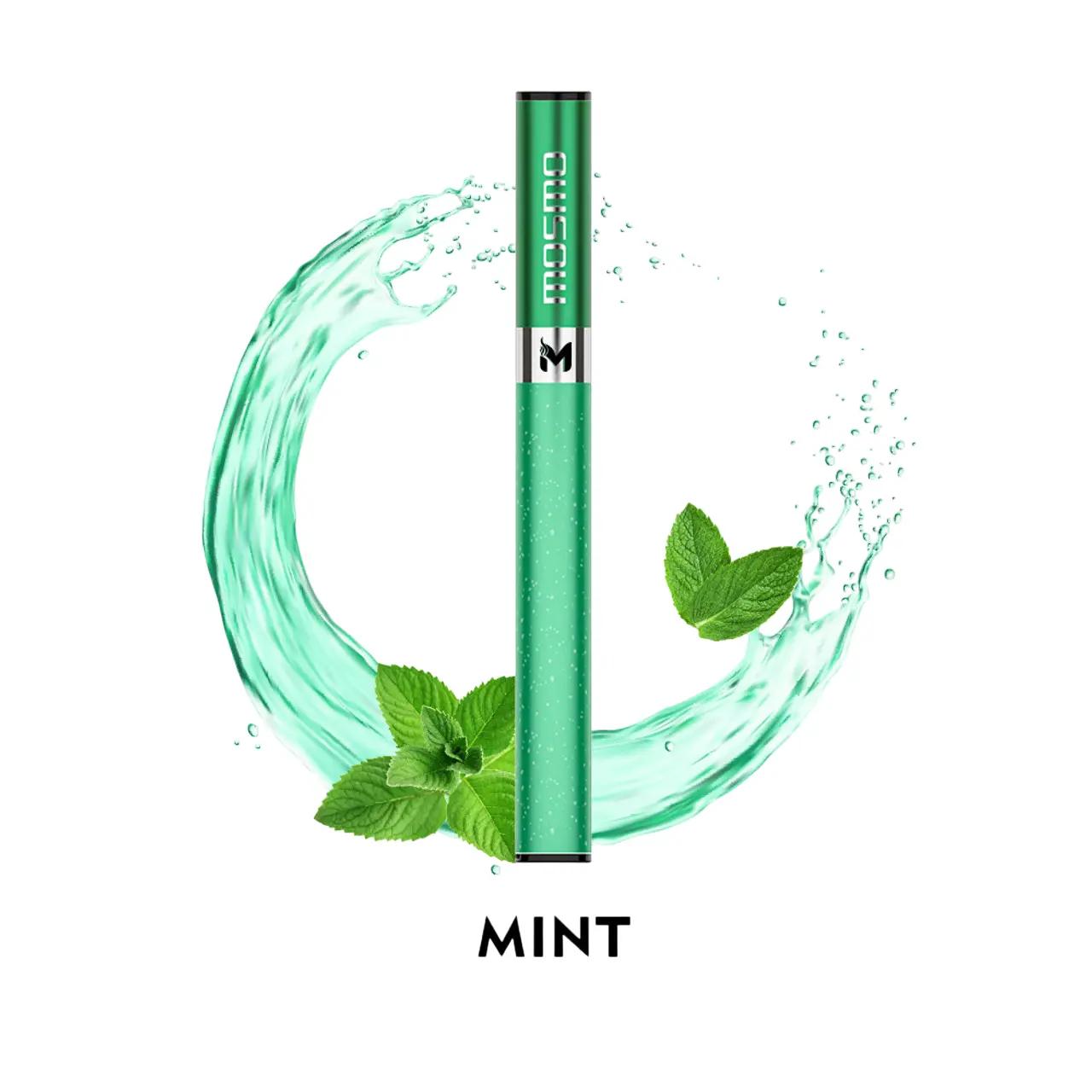Green vape pen with mint leaves and a splash of water on a white / Mint background