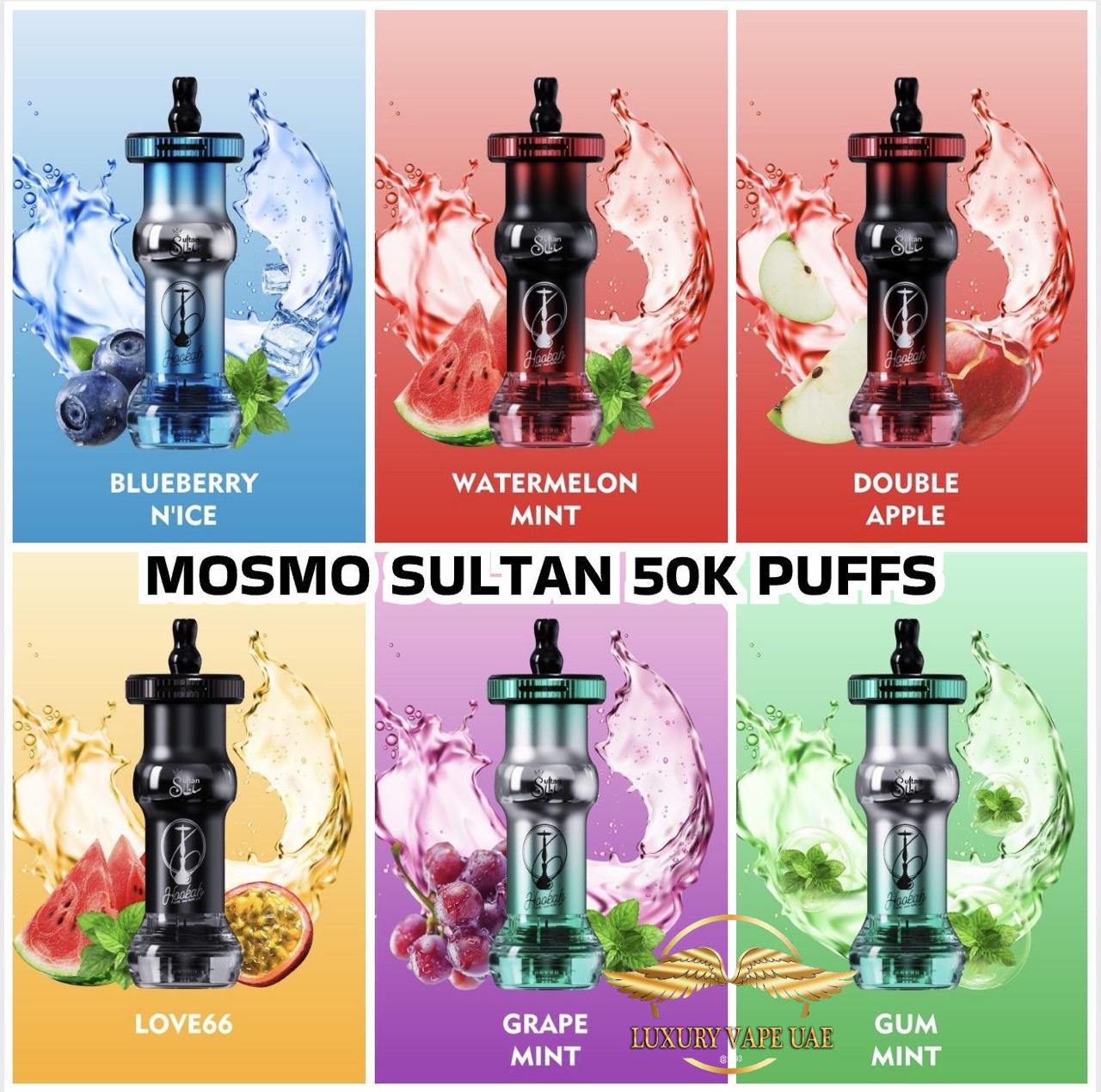 Promotional image of MOSMO SULTAN 50K PUFFS with various flavors and graphics./Mosmo Sultan 50000 Puffs Shisha Style 0.5%/ price/ Mosmo Sultan 50000 Puffs Shisha Style 0.5% Dubai/ Mosmo Sultan 50000 Puffs Shisha Style 0.5% Abu Dhabi