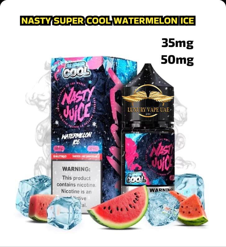 Nasty Juice Super Cool Watermelon Ice vape juice packaging with watermelon slices and ice cubes.