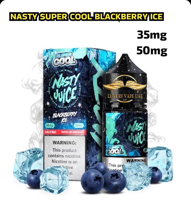 Nasty Juice Nasty Super Cool Blackberry Ice vape juice packaging with blueberries and ice cubes on a white background.