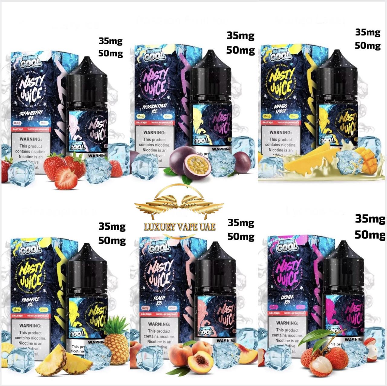 Display of Nasty Juice vape products with packaging and fruit illustrations. NASTY SUPER COOL 30ML DUBAI, Nasty Super Cool, Nasty E-Juice, Nasty 30ml Saltnic, NASTY SUPER COOL 30ML 