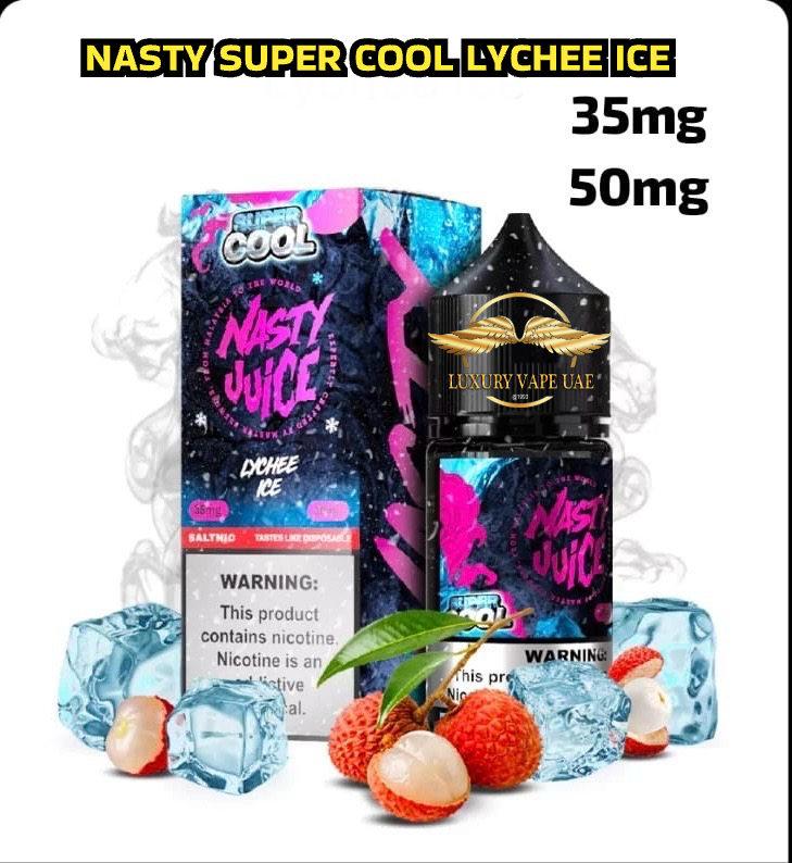 Nasty Juice Lychee Ice vape product with packaging and ice cubes on a white background, Nasty Super Cool Lychee Ice 30ml  Dubai/ Nasty Super Cool Lychee Ice 30ml  near me/ Nasty Super Cool Lychee Ice 30ml  Picture/ Nasty Super Cool Lychee Ice 30ml  Price/