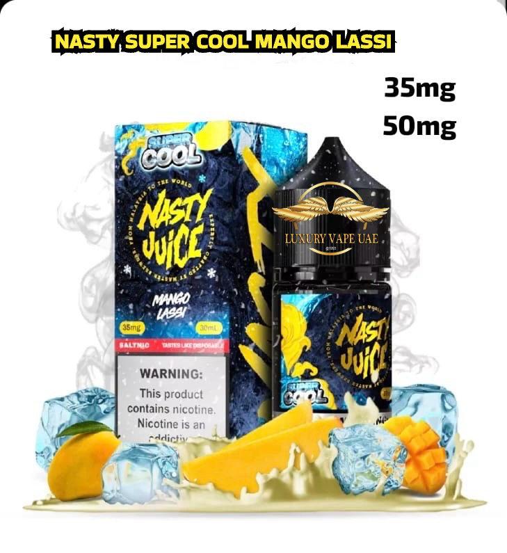 Nasty Juice Mango Lassi vape juice packaging with ice cubes and mango slices on a white background. Nasty Super Cool Mango Lassi 30ml Dubai, #nastysaltnicsupercoolmangolassi #Downtowndubai #Albarsahdubai