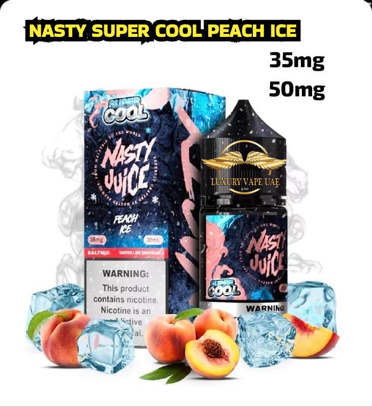 Nasty Juice vape products with peach and ice elements on a white background, Nasty Super Cool Peach Ice 30ml 35mg & 50mg| Saltnic Near me