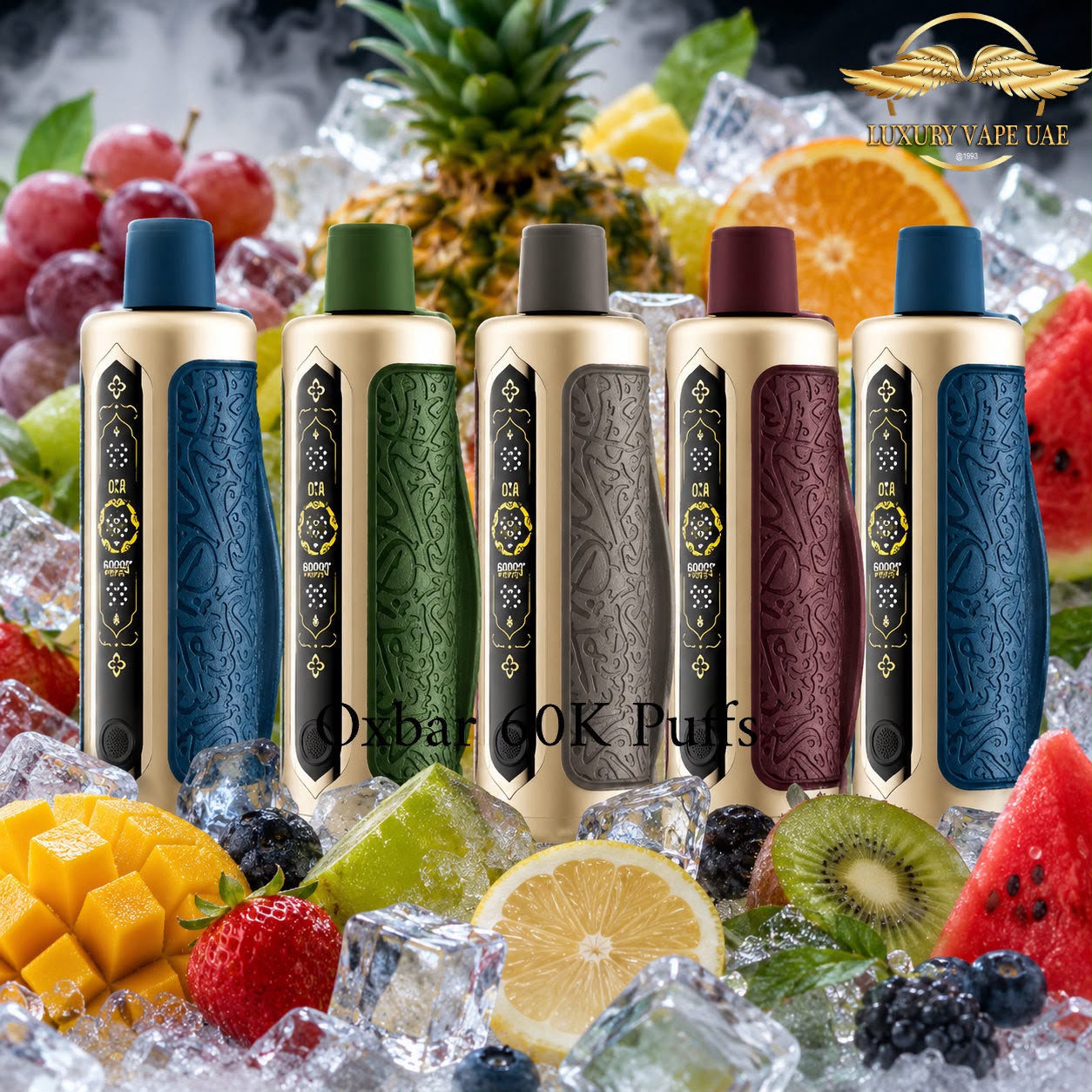 Five Oxbar 60K Puffs disposable vape devices in assorted flavors, displayed on a bed of ice with fresh fruit and a pineapple in the background. The devices feature ornate gold and black patterns with blue, green, gray, burgundy, and blue accents.