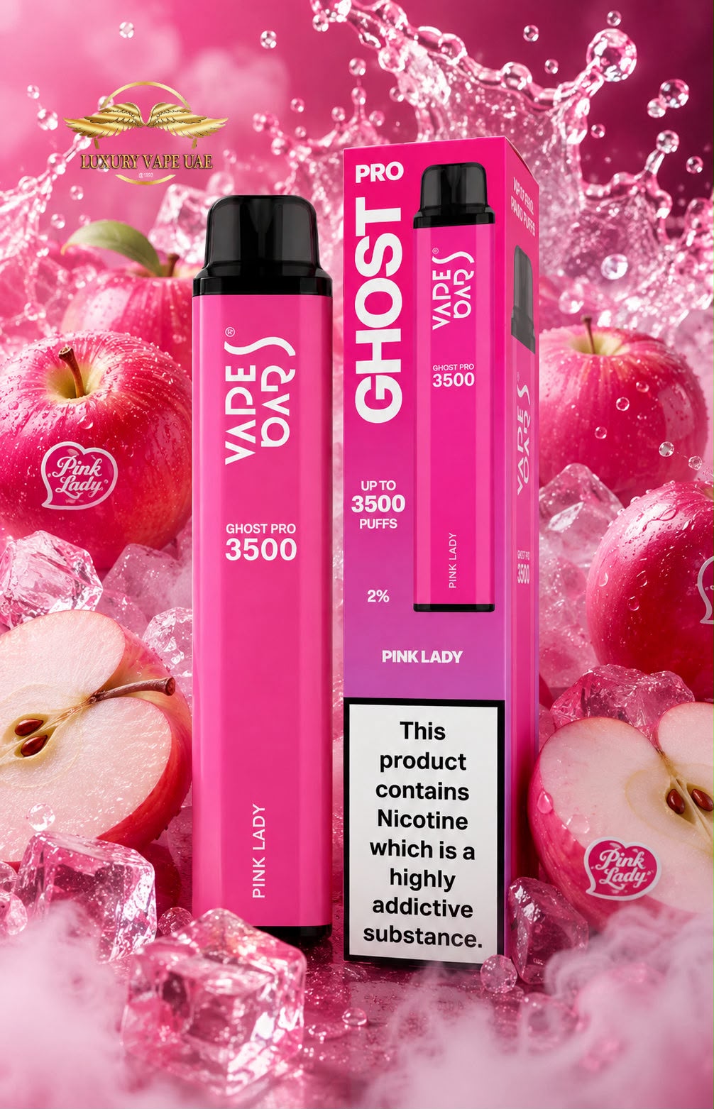 Pink vape pen and matching box for Vape One Pro Ghost 3500, styled with sliced red apples and ice cubes on a pink splash background. The packaging shows 'VAPE ONE PRO GHOST 3500', 'PINK LADY', and a nicotine warning label.
