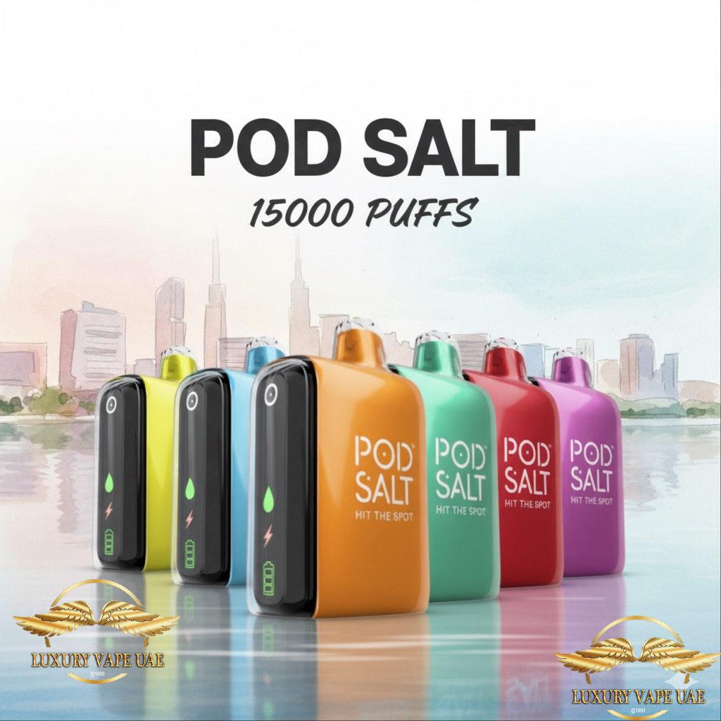 Colorful 'POD SALT' vape devices with a cityscape background