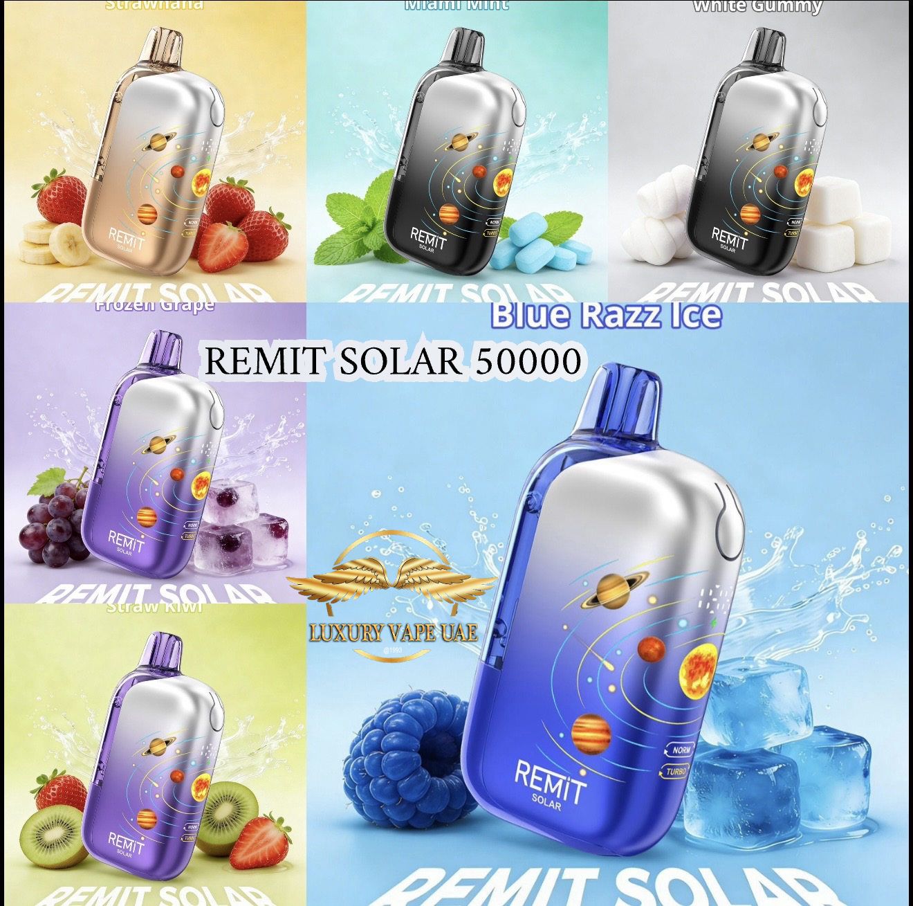 Collage of REMIT SOLAR vape devices with different flavors and designs.