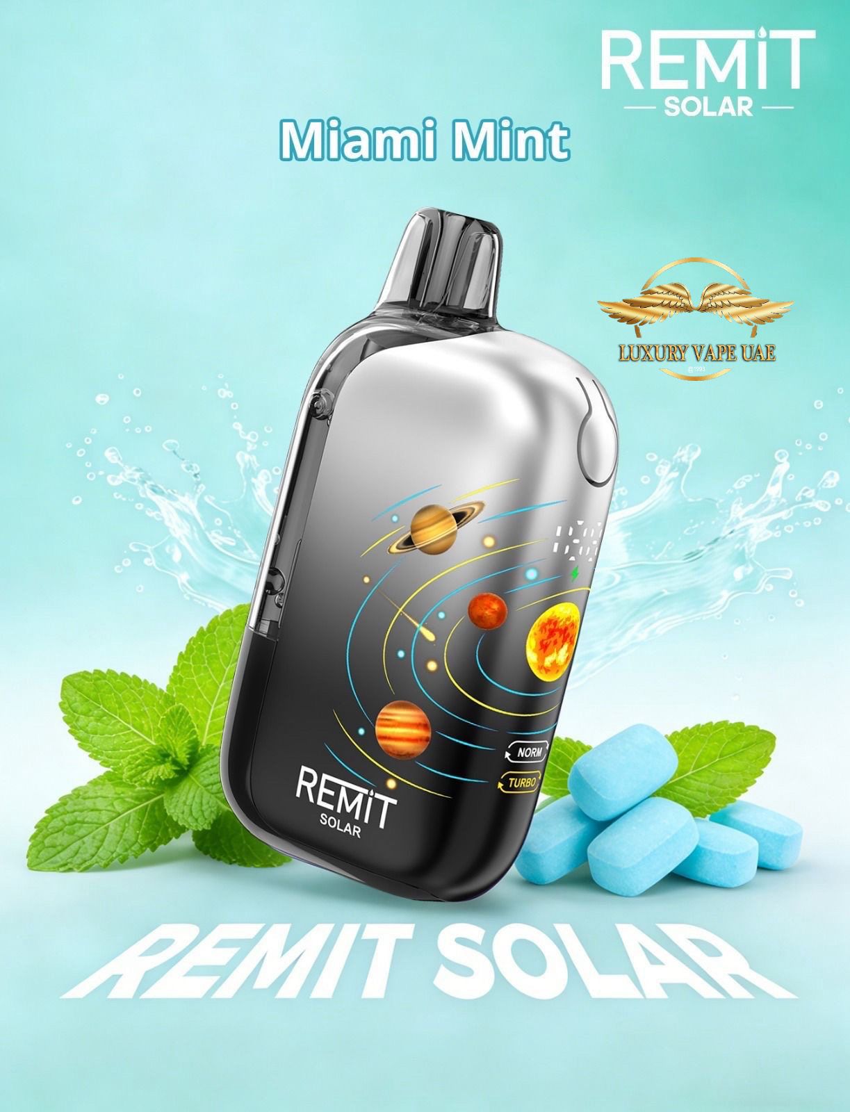 REMIT Solar vape device with space-themed design on a light blue background with mint leaves and blue candy.