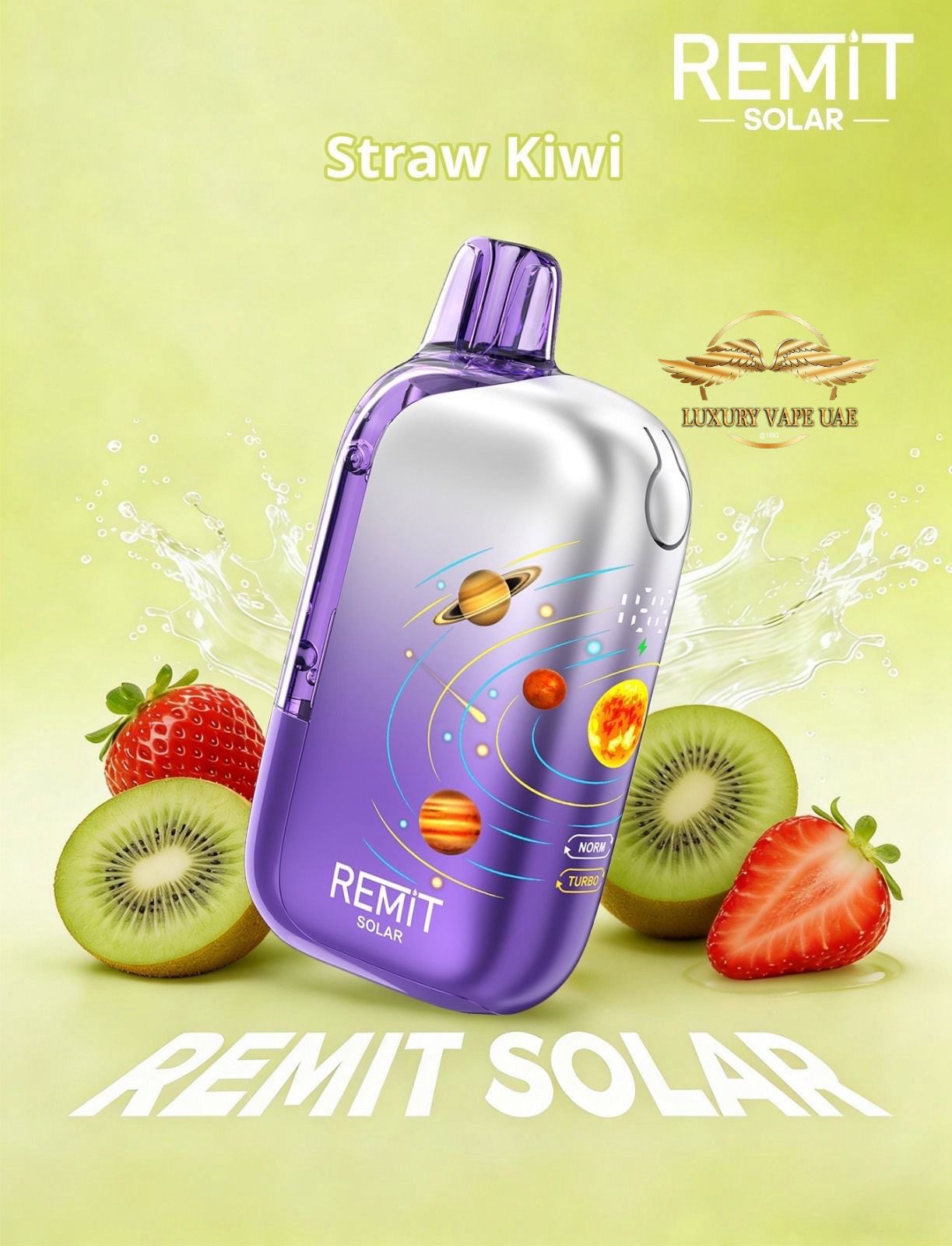 Purple REMIT Solar vape device with strawberry and kiwi on a light green background