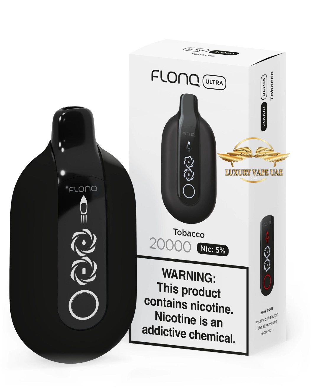 Black FLONQ vape device with packaging on a white background