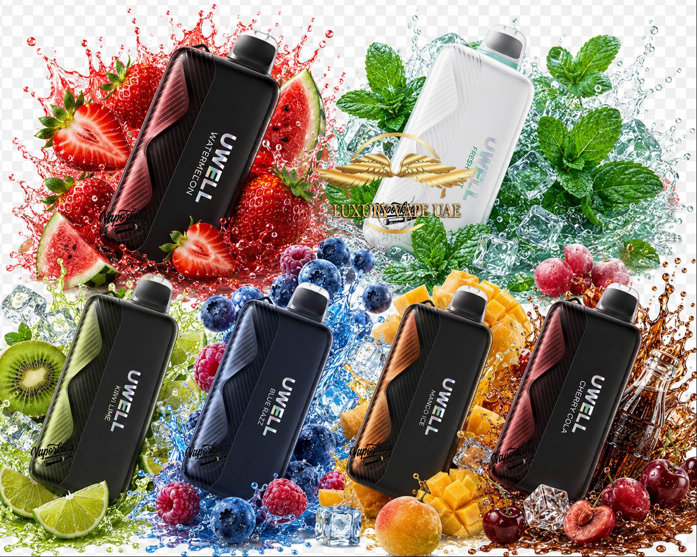 UWELL vape devices surrounded by fruits and mint leaves on a colorful background