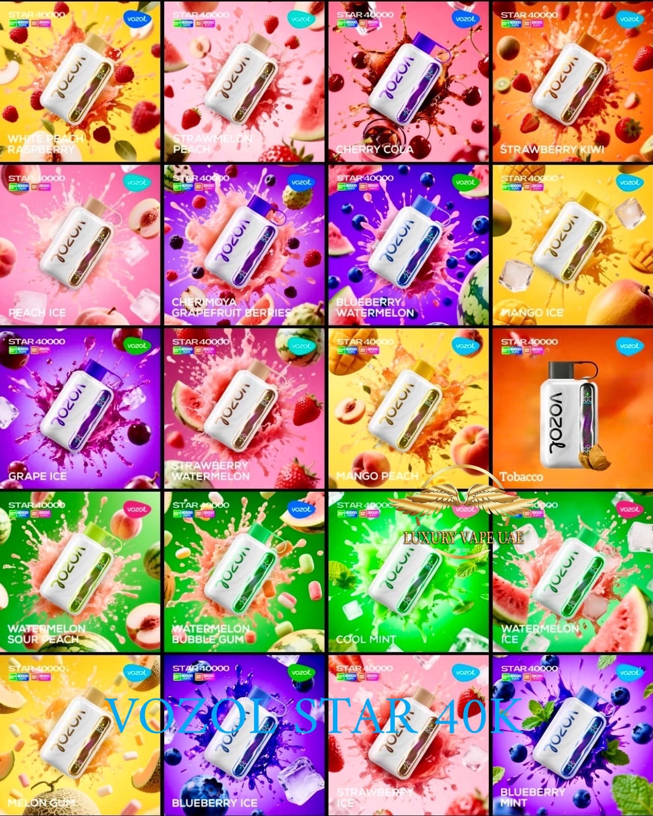 A 16x3 grid collage of Vozol Star 40K disposable vape devices shown with different colorful flavor backgrounds, including strawberry, mango, watermelon, blueberry, and tobacco flavors.