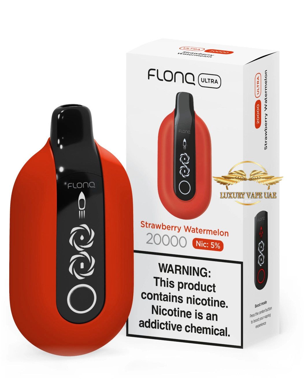 Red and black vape device with 'flonq' branding next to its packaging on a white background.