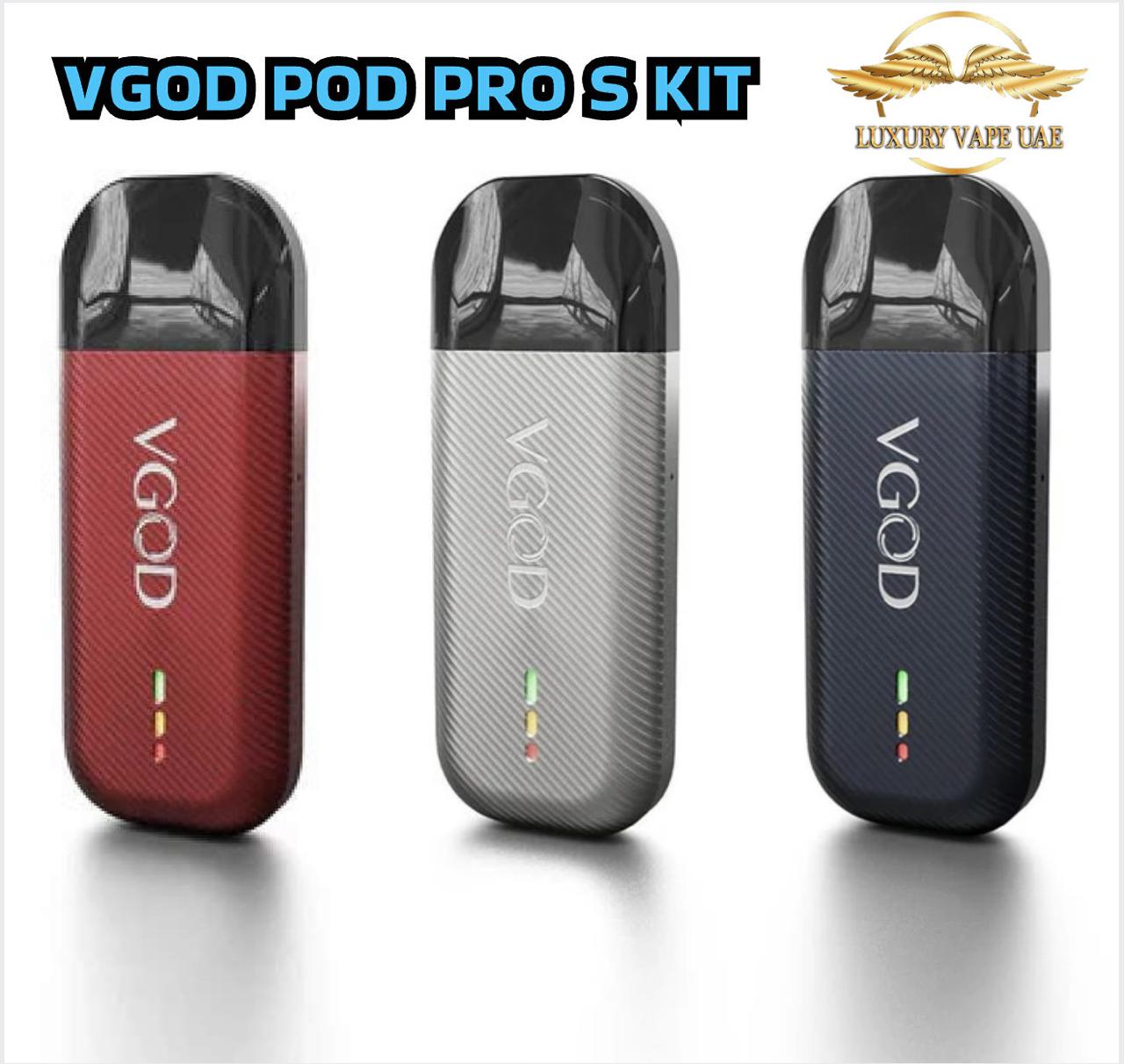 Three VGOD Pod Pro S Kit devices in red, silver, and black on a white background, VGOD Pod Pro S Kit JPG Picture, Near me vape shop, Online google vape Shop Dubai
