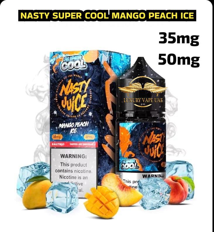 Nasty Juice Mango Peach Ice vape juice packaging with mango, peach, and ice cubes on a white background.