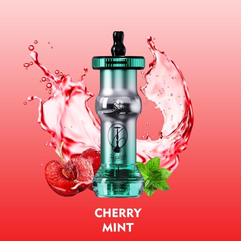 Vape device with cherry and mint elements on a pink background