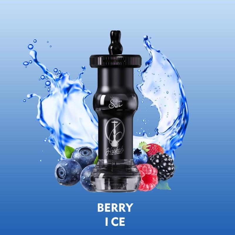 Black vape device with berries and water splashes on a blue background, labeled 'Berry Ice'.