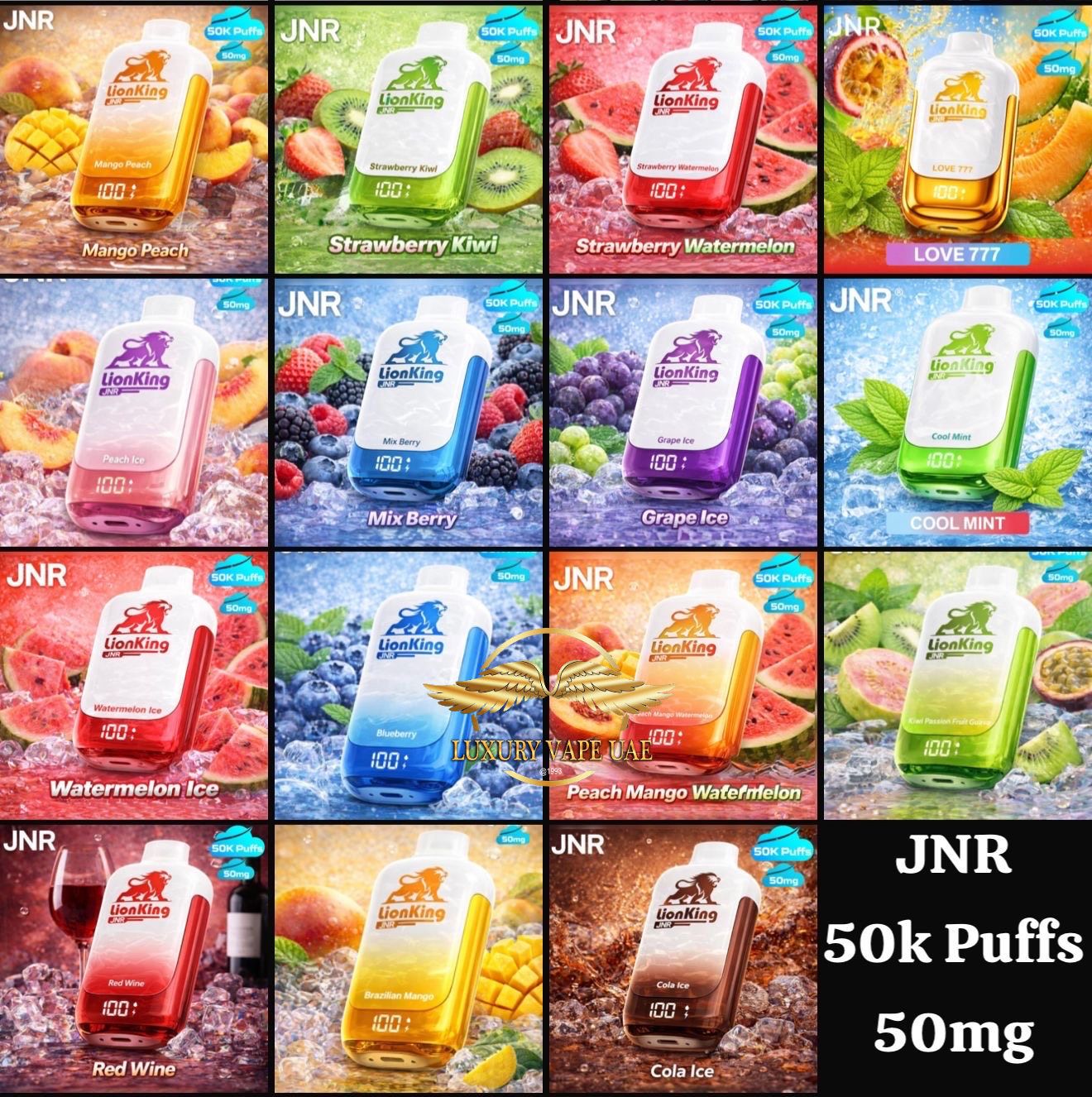 Collage of JNR vape juice boxes with various flavors and colors.