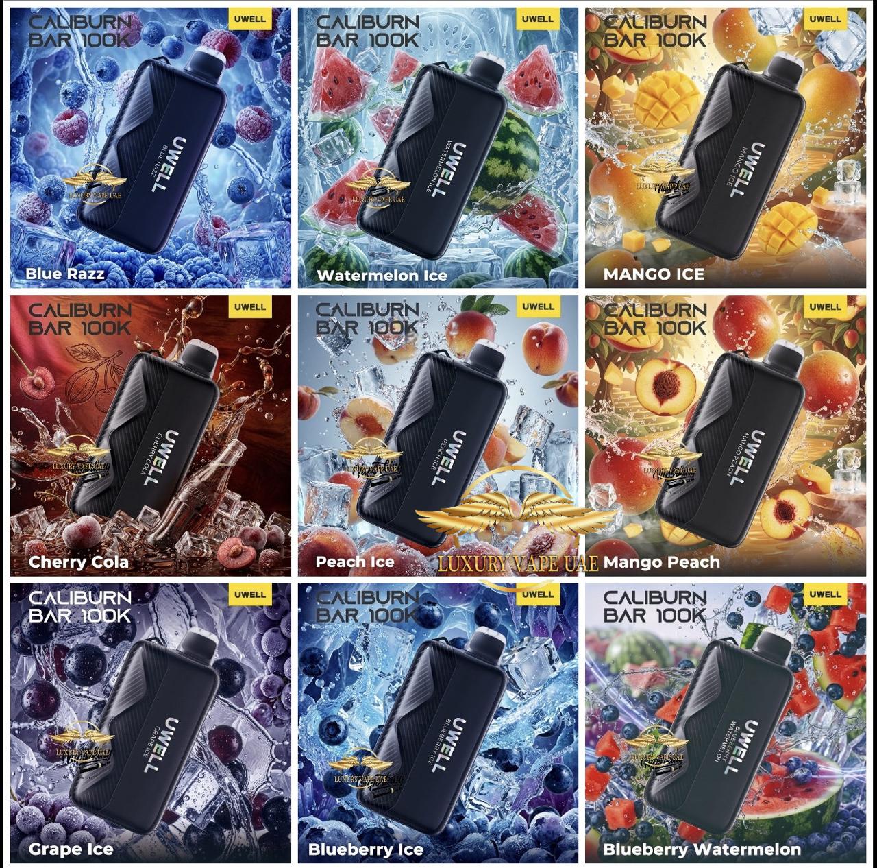 Collage of Unwell Calburn Bar 100K vape devices with fruit-themed packaging.