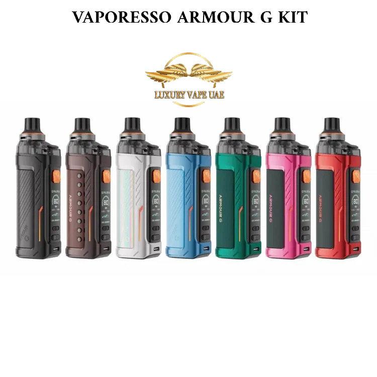Vaporesso Armour G Kit with multiple color options on a white background, featuring the Luxury Vape UAE logo.