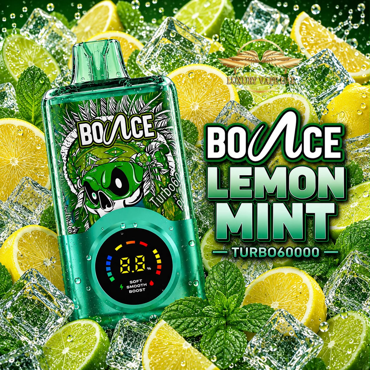 A green Bounce Turbo 40000 disposable vape device with a skull graphic, set against a dynamic background of lemons, mint leaves, and ice cubes. The text 'BOnce LEMON MINT' is prominently displayed on the right.