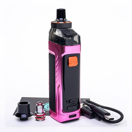 Pink and black vape device with accessories on a white background